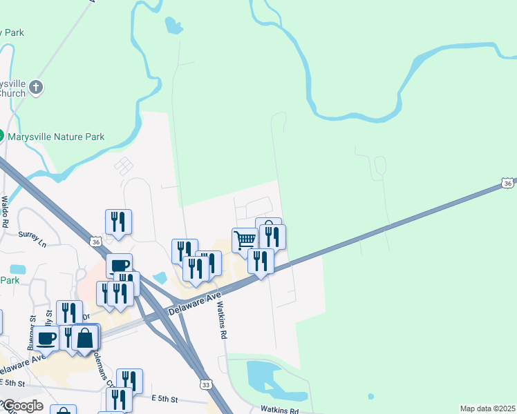 map of restaurants, bars, coffee shops, grocery stores, and more near 514 Allenby Drive in Marysville