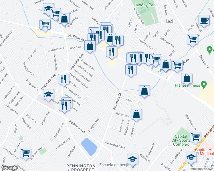 map of restaurants, bars, coffee shops, grocery stores, and more near 125 Rosedale Avenue in Ewing Township