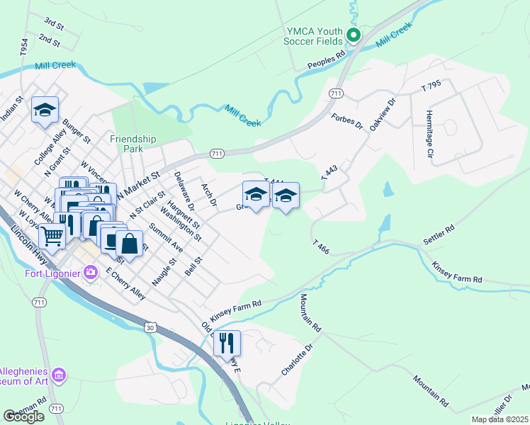 map of restaurants, bars, coffee shops, grocery stores, and more near 536 Bell Street in Ligonier