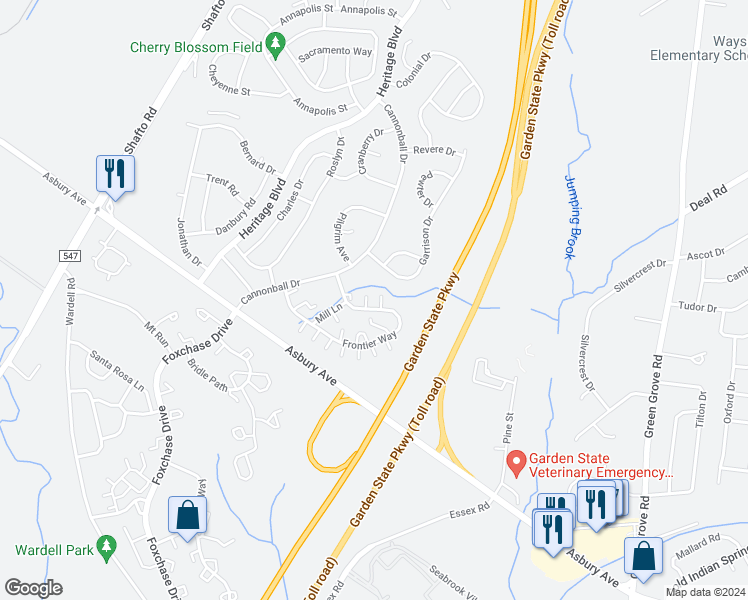 map of restaurants, bars, coffee shops, grocery stores, and more near 164 Frontier Way in Tinton Falls