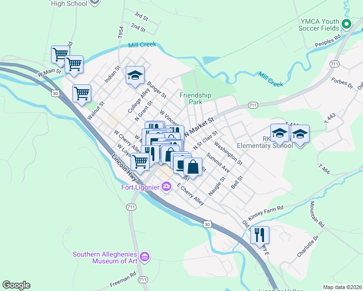 map of restaurants, bars, coffee shops, grocery stores, and more near 200 North Market Street in Ligonier