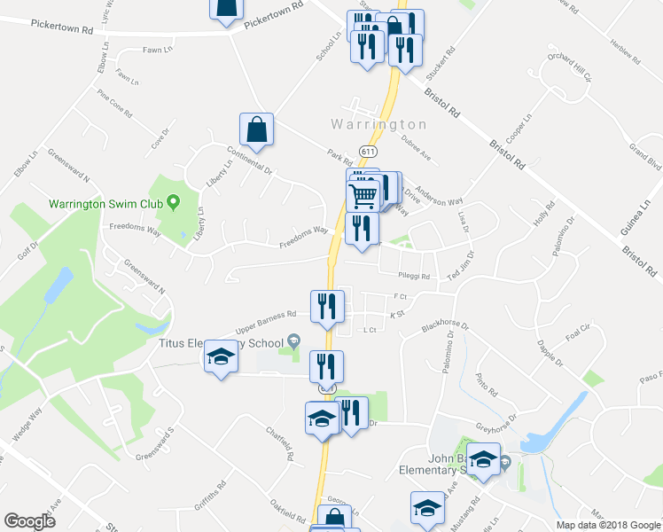 map of restaurants, bars, coffee shops, grocery stores, and more near 999 Easton Road in Warrington