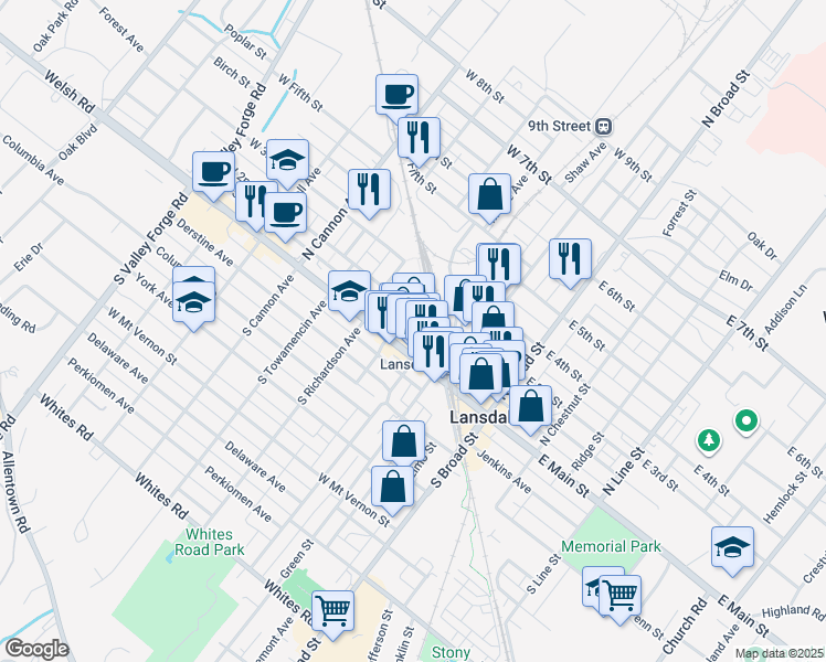 map of restaurants, bars, coffee shops, grocery stores, and more near 301 B West Main Street in Lansdale