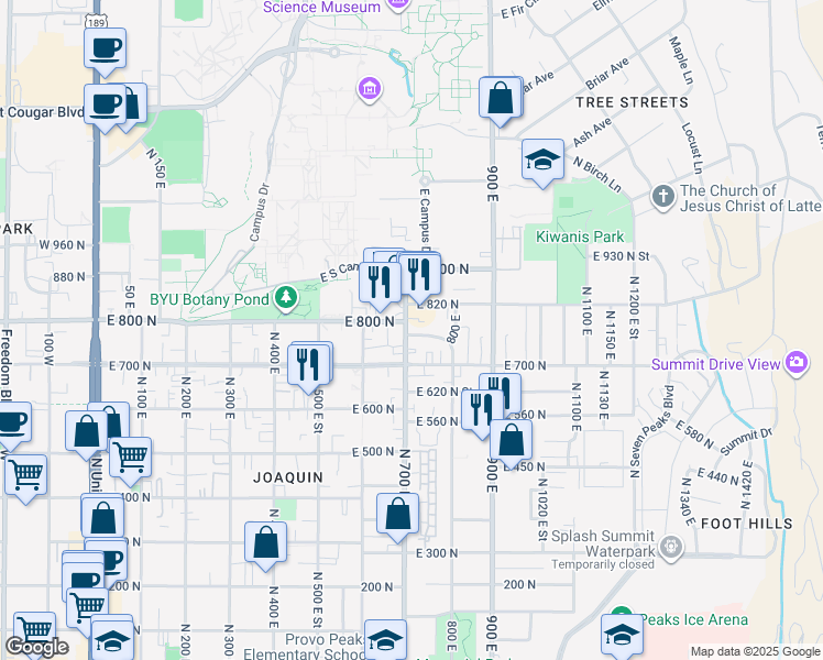 map of restaurants, bars, coffee shops, grocery stores, and more near 788 North 700 East in Provo