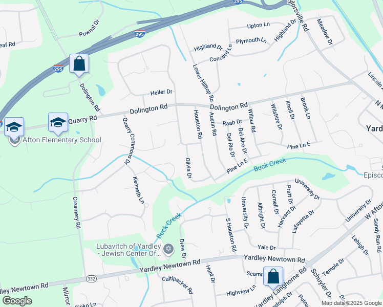 map of restaurants, bars, coffee shops, grocery stores, and more near 3 Olivia Drive in Yardley