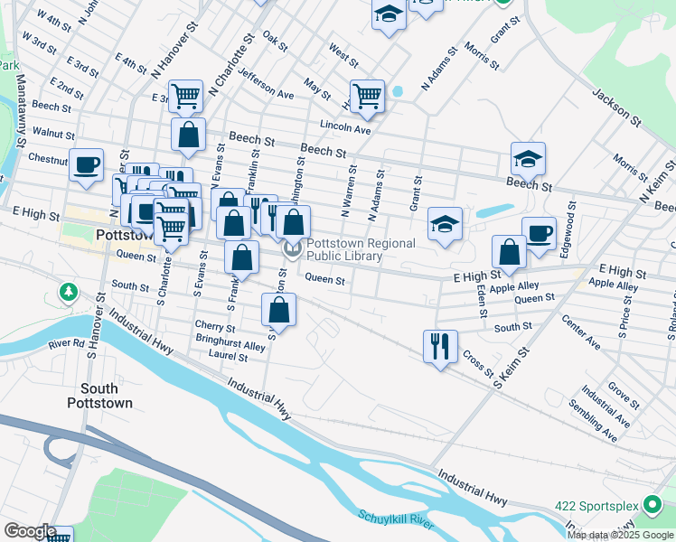 map of restaurants, bars, coffee shops, grocery stores, and more near 602 East High Street in Pottstown