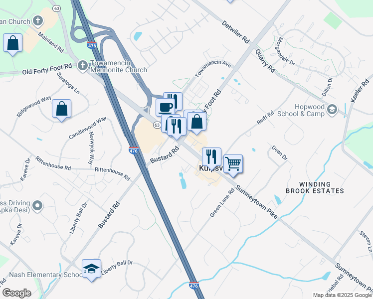 map of restaurants, bars, coffee shops, grocery stores, and more near in Kulpsville