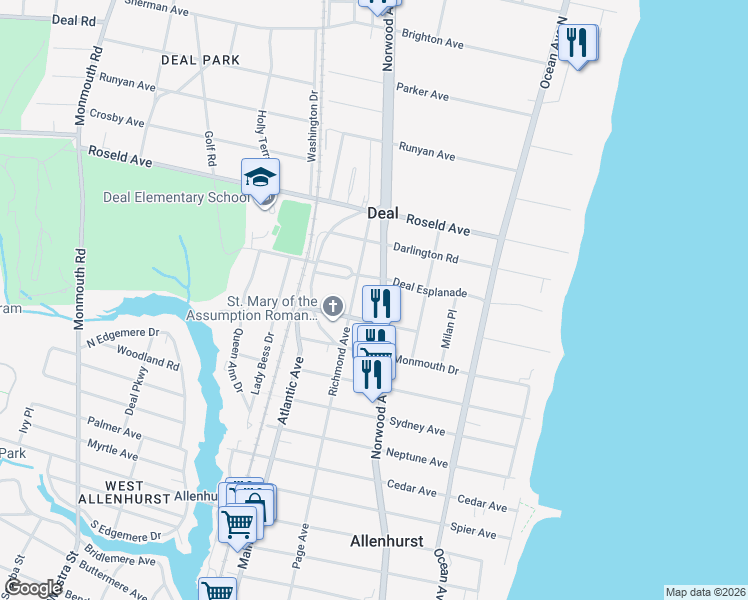 map of restaurants, bars, coffee shops, grocery stores, and more near in Deal