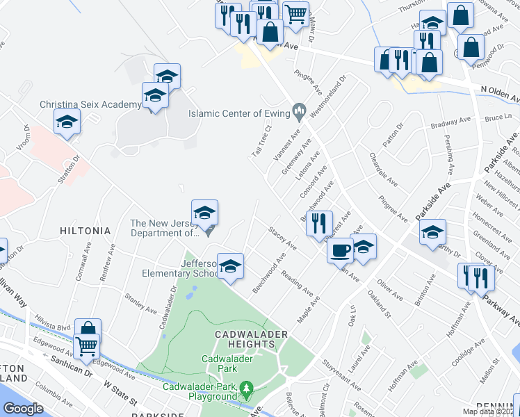 map of restaurants, bars, coffee shops, grocery stores, and more near 214 Whittlesey Road in Trenton