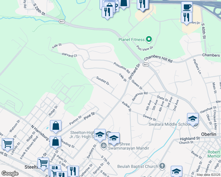 map of restaurants, bars, coffee shops, grocery stores, and more near 465 Sunday Drive in Harrisburg