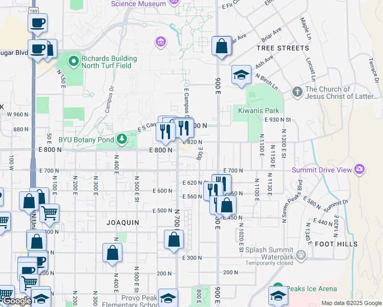 map of restaurants, bars, coffee shops, grocery stores, and more near 765 East 750 North Street in Provo