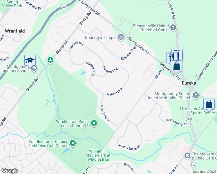 map of restaurants, bars, coffee shops, grocery stores, and more near 105 Swan Court in North Wales