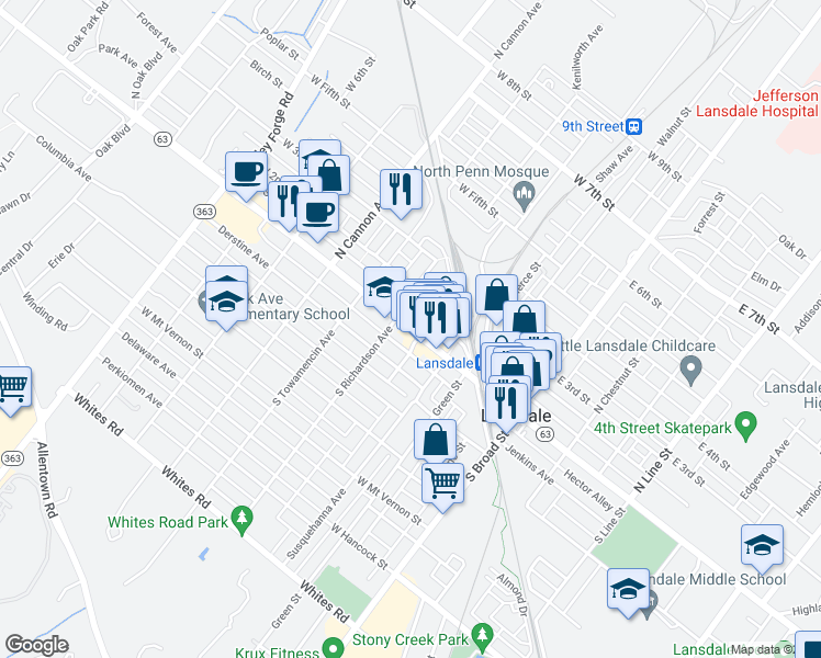 map of restaurants, bars, coffee shops, grocery stores, and more near 415 West Main Street in Lansdale