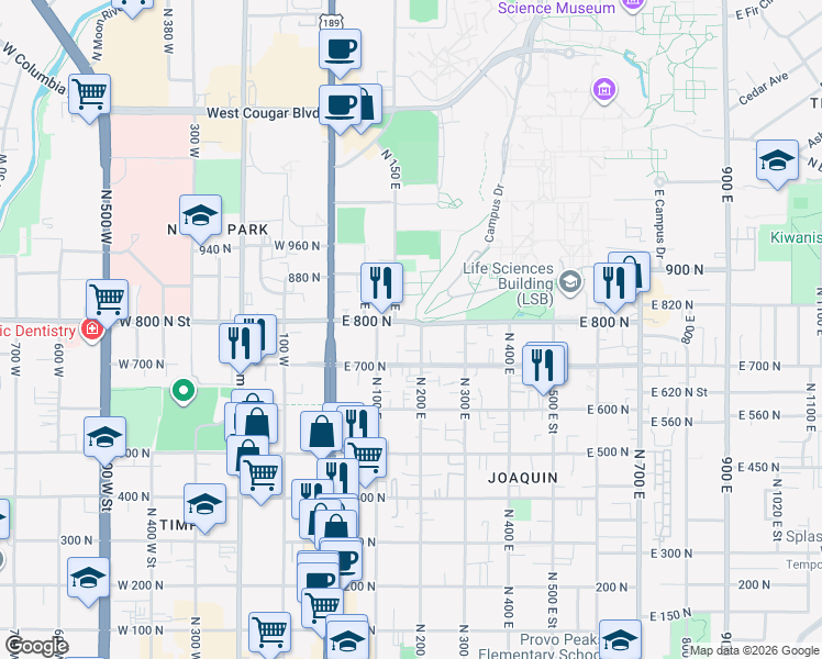 map of restaurants, bars, coffee shops, grocery stores, and more near 182 East 800 North in Provo