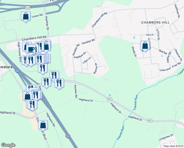 map of restaurants, bars, coffee shops, grocery stores, and more near 5064 Stacey Drive in Harrisburg