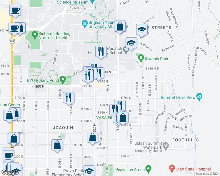 map of restaurants, bars, coffee shops, grocery stores, and more near 788 East 750 North Street in Provo