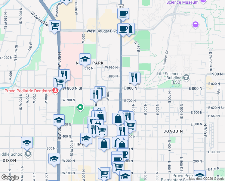 map of restaurants, bars, coffee shops, grocery stores, and more near 738 100 West in Provo