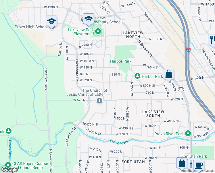 map of restaurants, bars, coffee shops, grocery stores, and more near 704 Riderwood Way in Provo