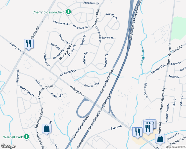 map of restaurants, bars, coffee shops, grocery stores, and more near 72 Frontier Way in Tinton Falls
