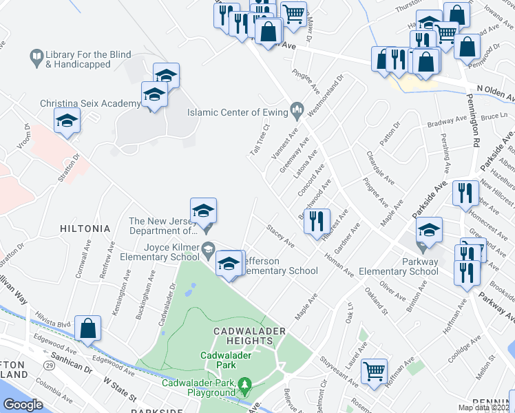 map of restaurants, bars, coffee shops, grocery stores, and more near 210 Stacey Avenue in Trenton