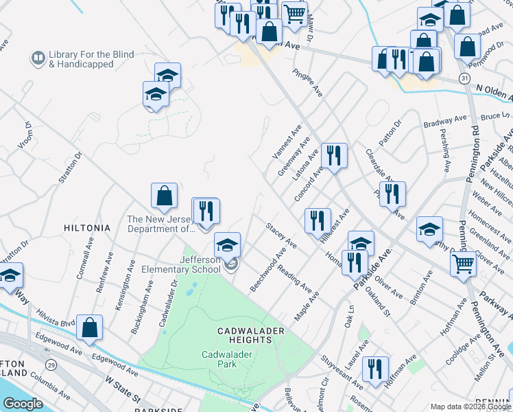 map of restaurants, bars, coffee shops, grocery stores, and more near 210 Stacey Avenue in Trenton