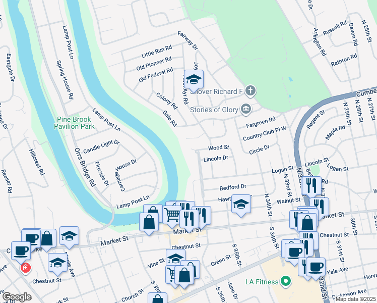 map of restaurants, bars, coffee shops, grocery stores, and more near 236 North 36th Street in Camp Hill