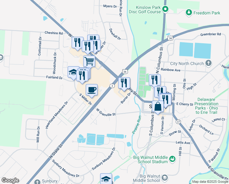 map of restaurants, bars, coffee shops, grocery stores, and more near 68-130 Burrer Drive in Sunbury