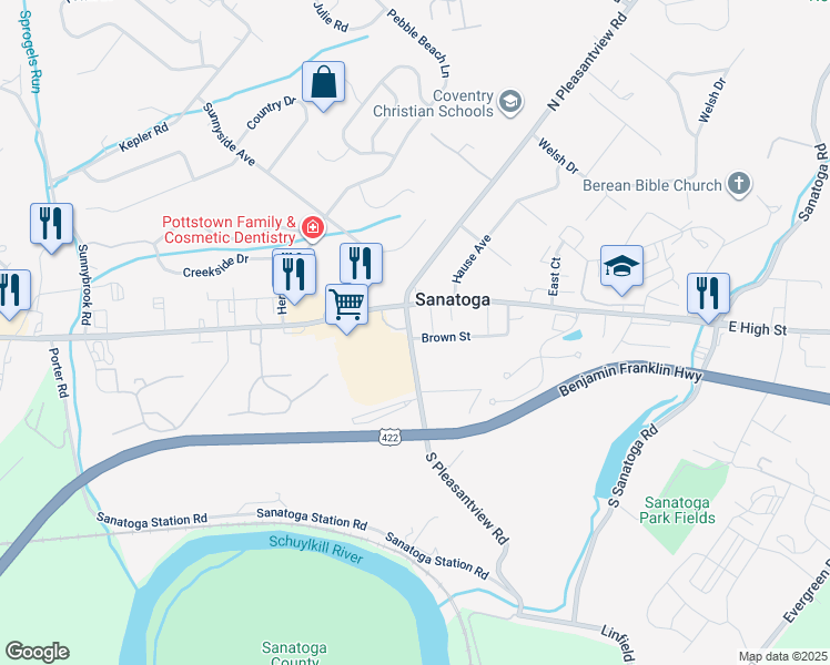 map of restaurants, bars, coffee shops, grocery stores, and more near 2255 Brown Street in Pottstown