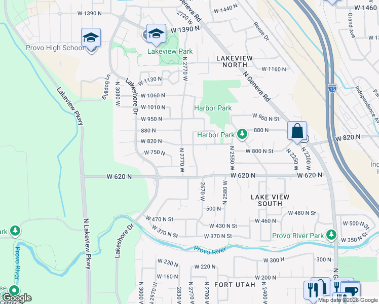 map of restaurants, bars, coffee shops, grocery stores, and more near 704 Riderwood Way in Provo