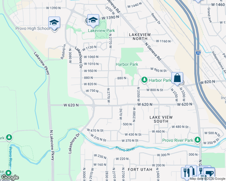 map of restaurants, bars, coffee shops, grocery stores, and more near 777 Riderwood Way in Provo