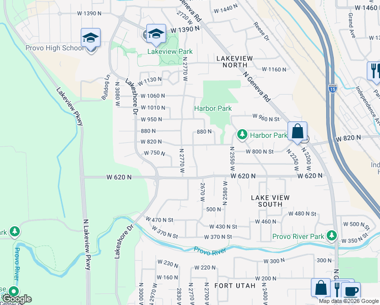 map of restaurants, bars, coffee shops, grocery stores, and more near 777 Riderwood Way in Provo