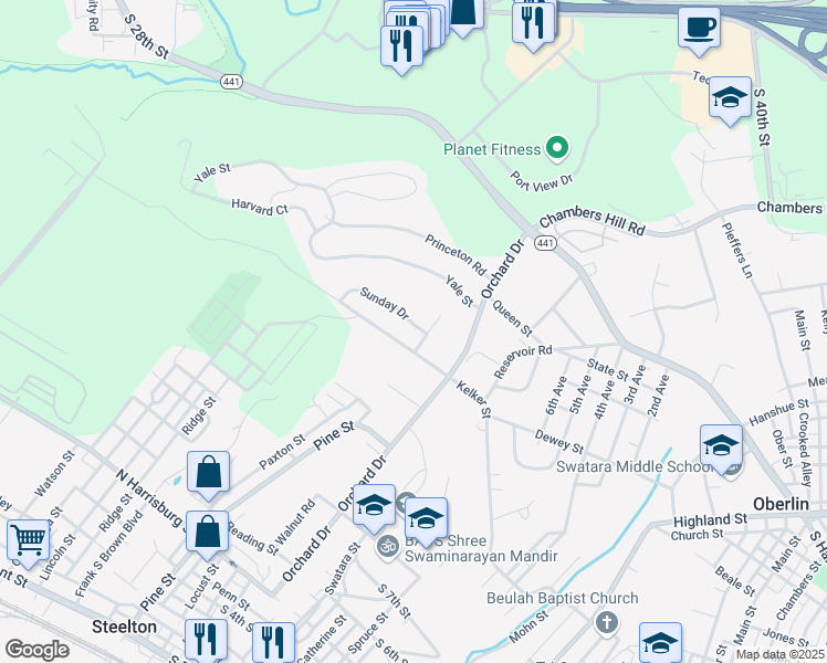 map of restaurants, bars, coffee shops, grocery stores, and more near 465 Sunday Drive in Harrisburg
