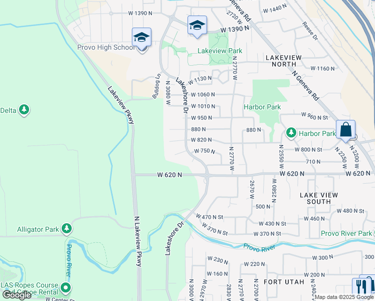 map of restaurants, bars, coffee shops, grocery stores, and more near 2120 West 770 North in Provo