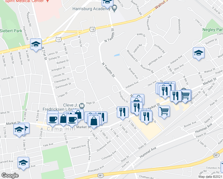 map of restaurants, bars, coffee shops, grocery stores, and more near 39 Indiana Circle in Lemoyne