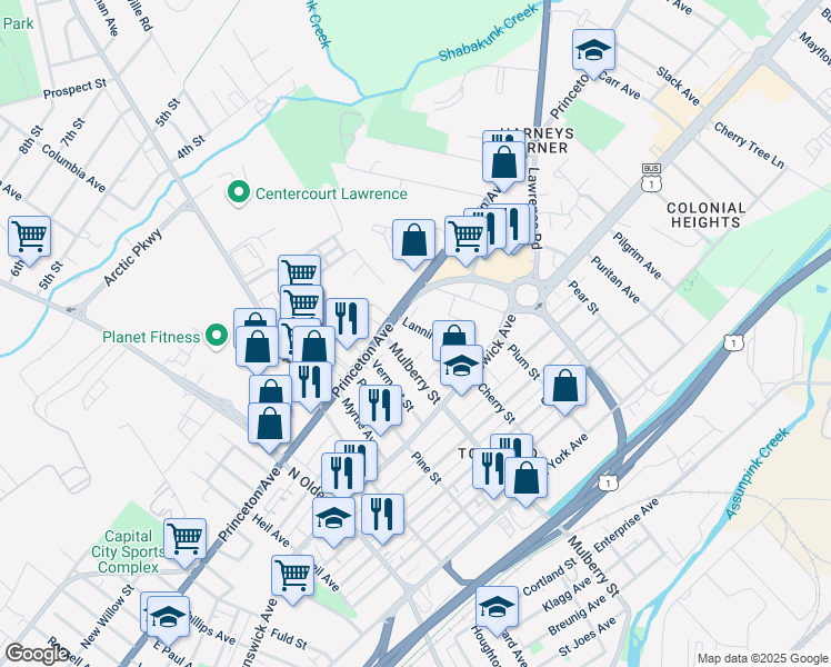 map of restaurants, bars, coffee shops, grocery stores, and more near 967 Lanning Avenue in Lawrence Township