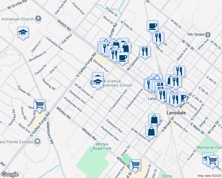 map of restaurants, bars, coffee shops, grocery stores, and more near 620 Columbia Avenue in Lansdale