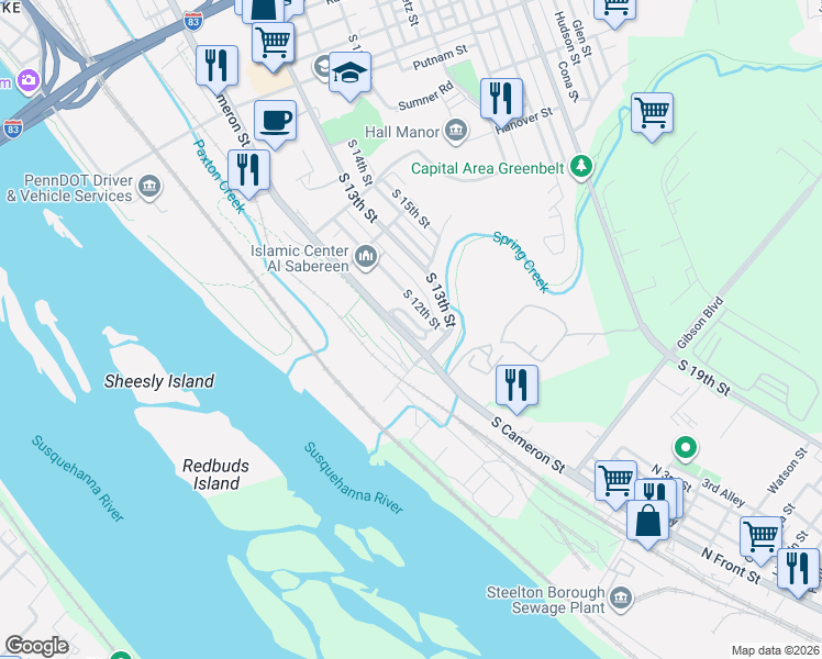 map of restaurants, bars, coffee shops, grocery stores, and more near 1540 Pennsylvania 230 in Harrisburg