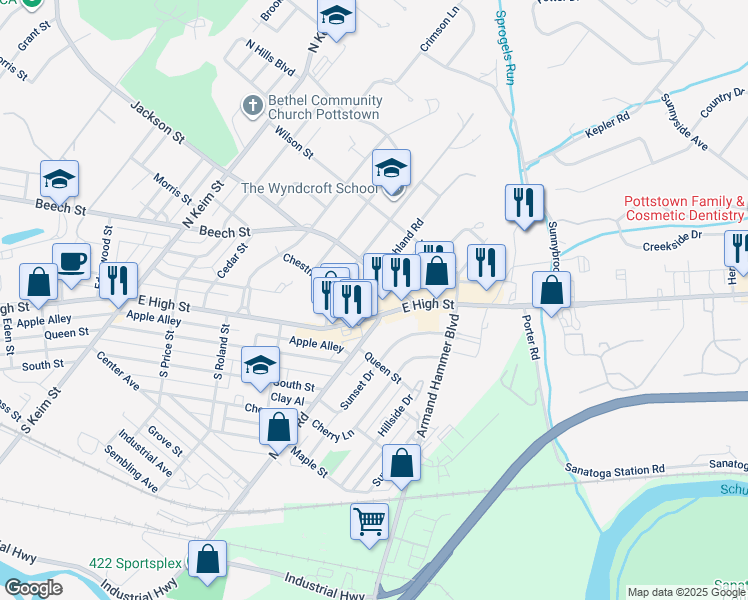 map of restaurants, bars, coffee shops, grocery stores, and more near 206 Highland Road in Pottstown
