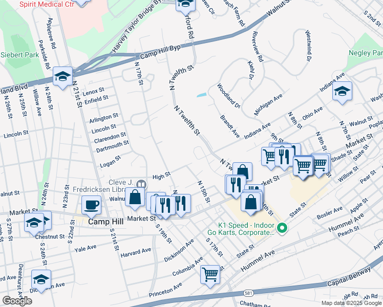 map of restaurants, bars, coffee shops, grocery stores, and more near 37 Indiana Circle in Lemoyne