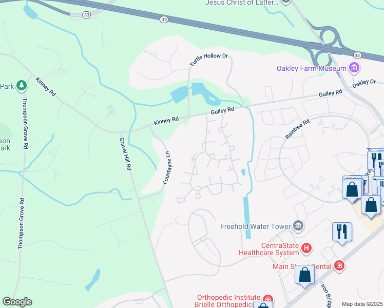 map of restaurants, bars, coffee shops, grocery stores, and more near 33 Oliver Court in Freehold
