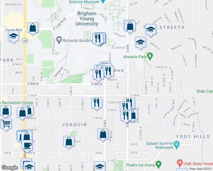map of restaurants, bars, coffee shops, grocery stores, and more near 788 North 700 East in Provo