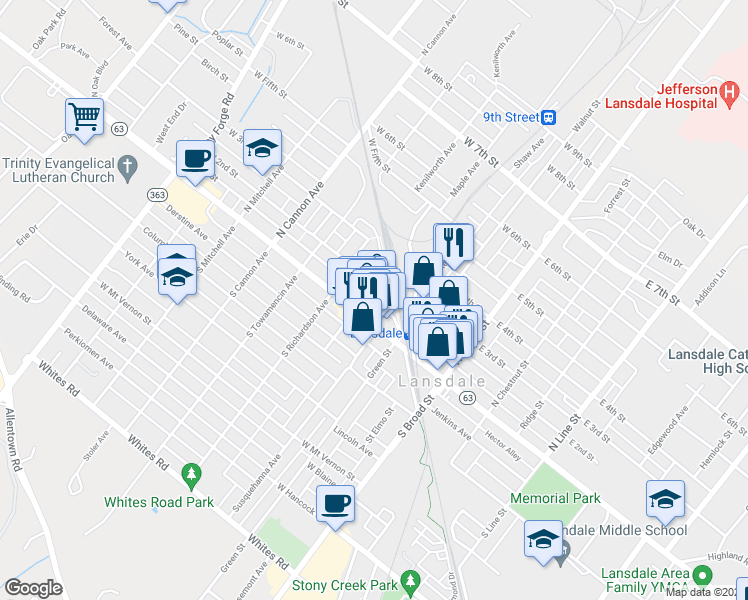 map of restaurants, bars, coffee shops, grocery stores, and more near 335 Madison Street in Lansdale