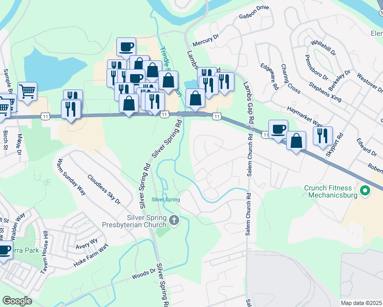 map of restaurants, bars, coffee shops, grocery stores, and more near 6382 Creekbend Drive in Mechanicsburg