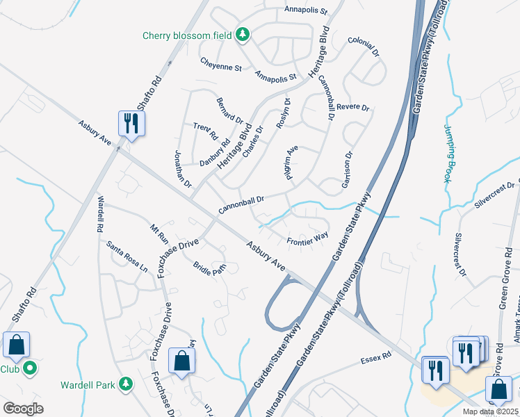 map of restaurants, bars, coffee shops, grocery stores, and more near 143 Frontier Way in Tinton Falls