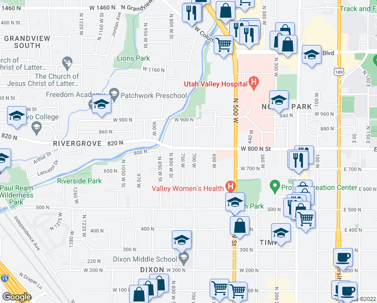 map of restaurants, bars, coffee shops, grocery stores, and more near 735 West 800 North Street in Provo