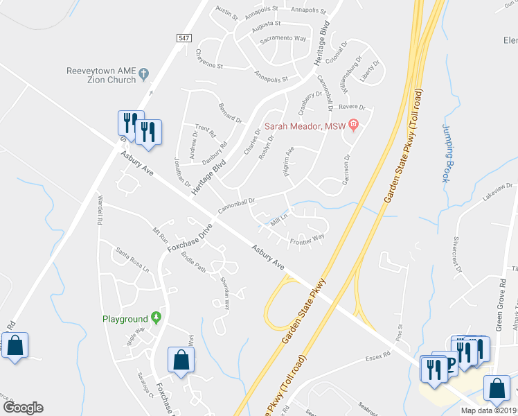 map of restaurants, bars, coffee shops, grocery stores, and more near 143 Frontier Way in Tinton Falls