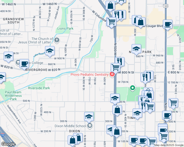 map of restaurants, bars, coffee shops, grocery stores, and more near 735 West 800 North Street in Provo