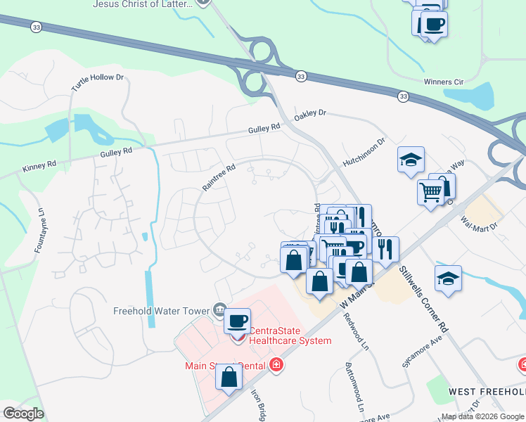 map of restaurants, bars, coffee shops, grocery stores, and more near 73 Greenwood Drive in Freehold