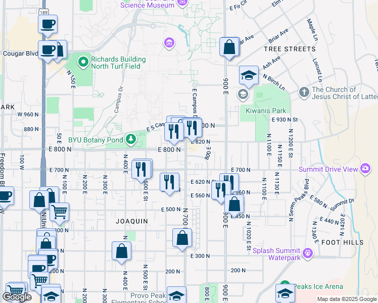 map of restaurants, bars, coffee shops, grocery stores, and more near 737 700 East in Provo