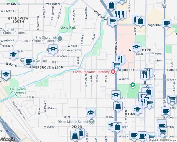 map of restaurants, bars, coffee shops, grocery stores, and more near 760 700 North in Provo